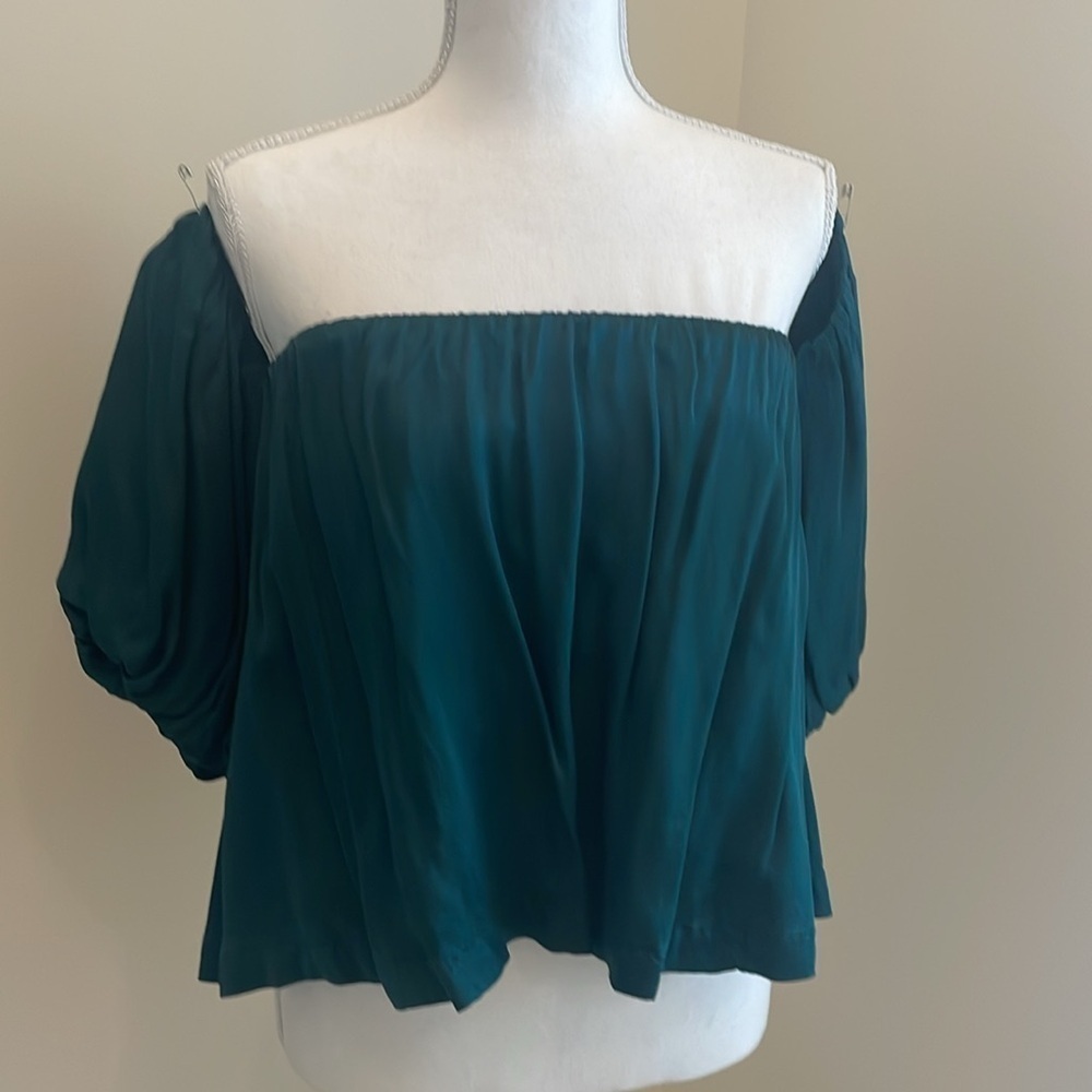 Urban Outfitters Dark Green Off Shoulder Split Back Melon Sleeves Top. SP